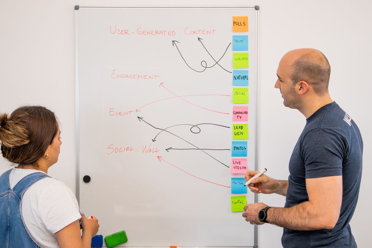 services-02 Two colleagues brainstorm ideas on a whiteboard during a creative strategy session.